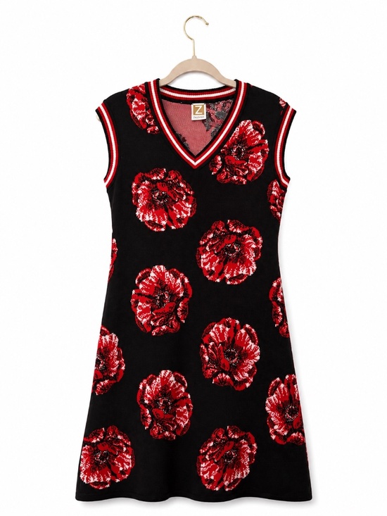 ZALEVSKIY Dresses & Skirts - Designer Zalevskiy Black Red Poppy Knit Sweater Dress Size S Rare Statement Piec
